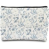 FWSFD Blue Chinoiserie Floral Makeup Bag, Toile de Jouy Cottagecore Cosmetic Bags for Women, Grandmillennial Blue Flower Botanical Zipper Makeup Pouch Travel Toiletry Bag
