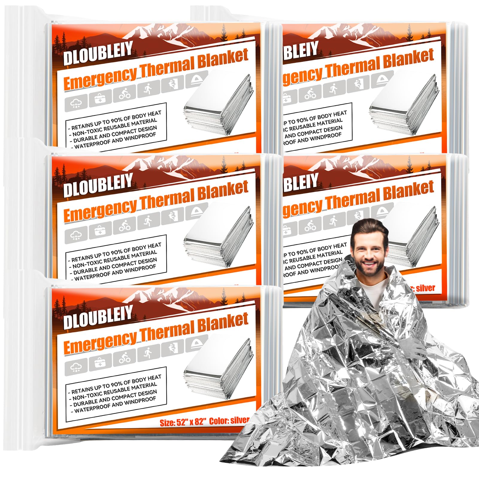 Photo 1 of DLOUBLEIY Emergency Thermal Blanket 5-Pack – Reusable Mylar Space Blanket for Camping, Car Survival Kit, Waterproof Outdoor Gear, Heavy-Duty Emergency Heat Retention