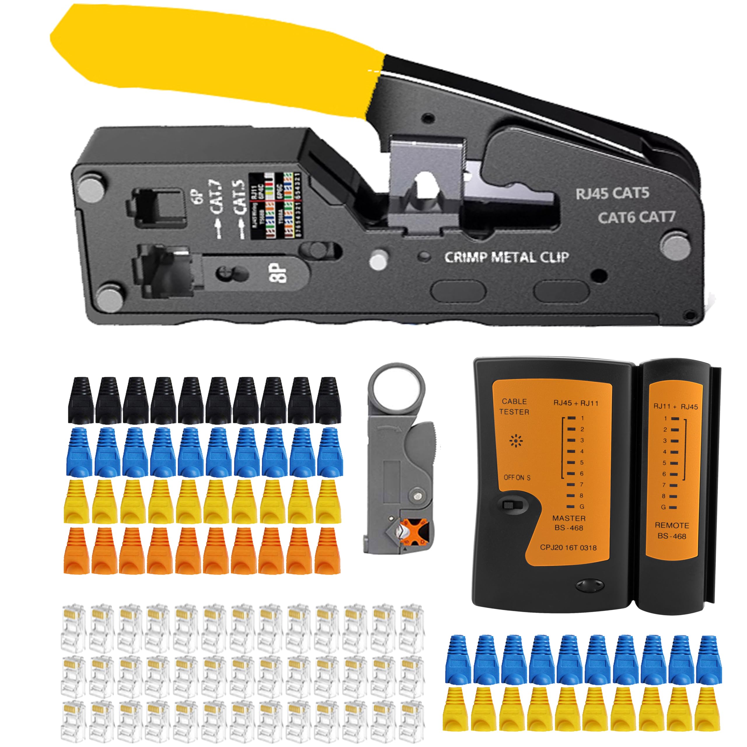 MAYLINE RJ45 RJ11 RJ12 Crimp Tool Pass Through Crimper with 50pcs Connetors and 50pcs Covers Cable Tester Cutter Set, Network Multi-Function Cable Crimping Tool(Yellow)