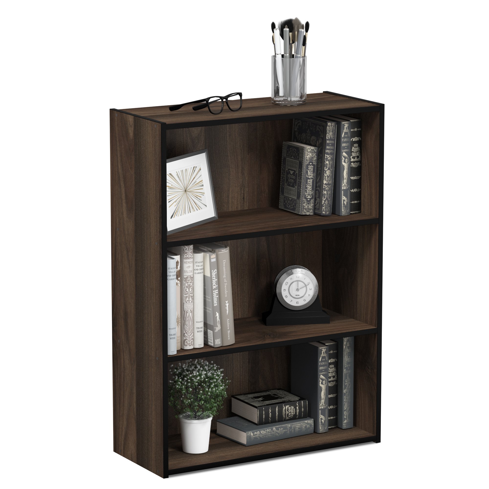 Furinno PASIR Book Shelf, 3-Tier Bookshelf, Storage Shelves Bookcase, 9.7 x 23.7 x 31.5, for Living Room, Bedroom, Home Office, Columbia Walnut