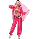 Lauthen.S Women Belly Dance Outfit Coins Top Pants Face Veil Set Halloween Costume