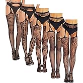 SOUTHRO 5 Pairs Fishnet Thigh High Garter Stockings Patterned Tights for Women,Garter Belt Set & Suspender Pantyhose for Girl