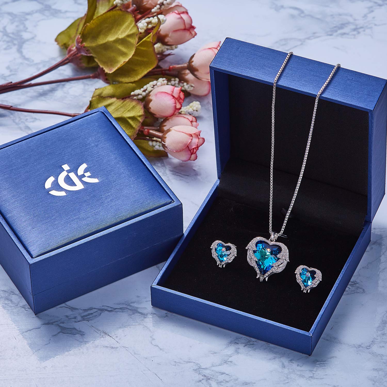 CDE Angel Wing Swarovski Jewelry Set Women Jewelry 18K White Gold Plated Crystals Heart Pendant Necklace Earrings Sets Gift for Her