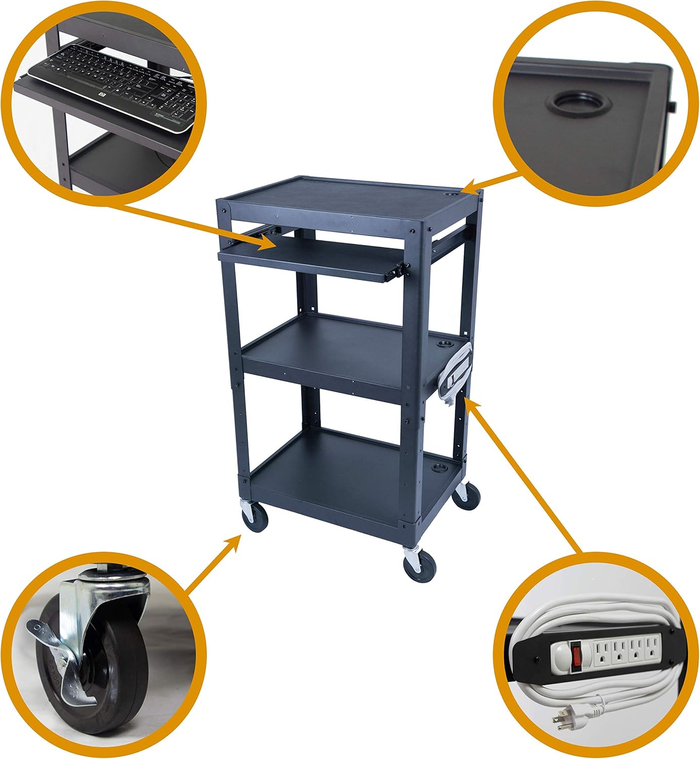 Steel Frame AV Cart with Wheels - Audio Visual Station with Wheels for Multi Media Technology (Printer, Projector, Document Camera, Laptop, Computer) - Three Shelf Rolling Cart with Power Cord : Office Products