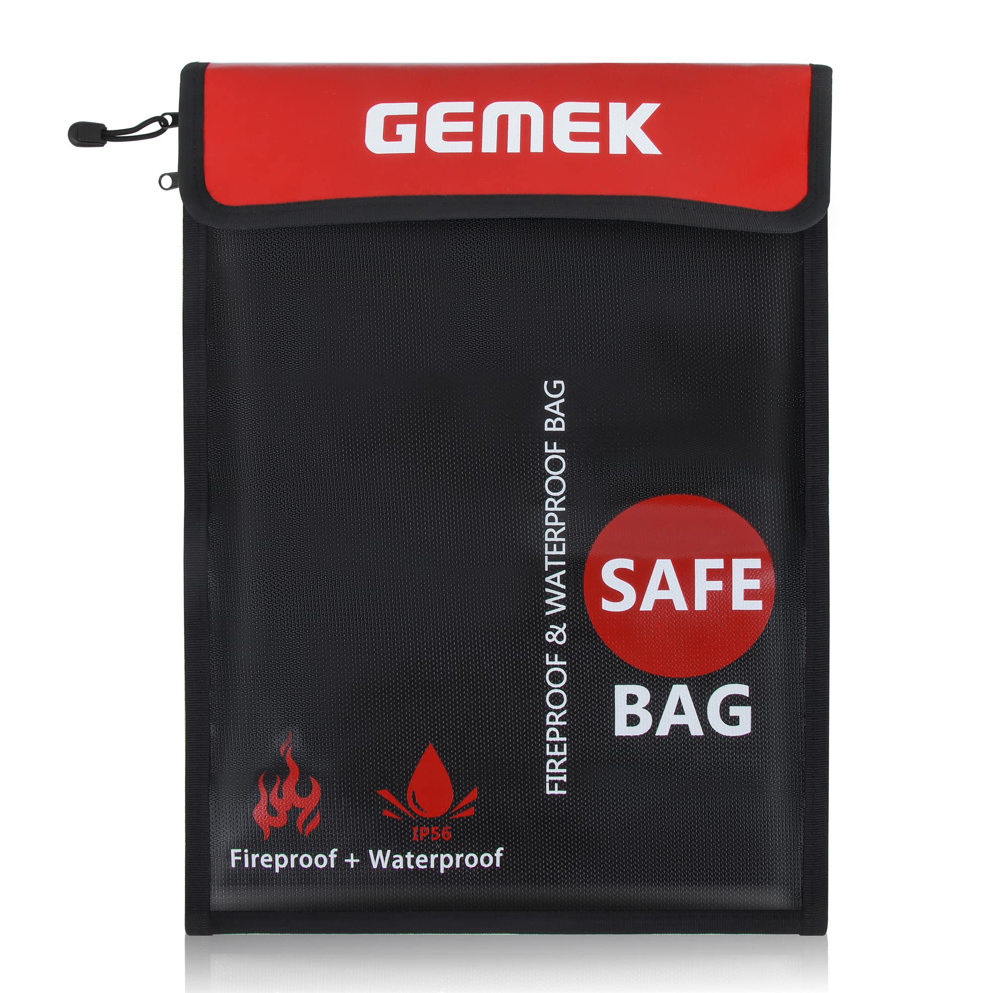 Fireproof Document Bag (2000℉) Upgraded 2 Pockets, GEMEK 38 x 28cm Fireproof and Waterproof Money Bag Fireproof Safe Storage for Money, Documents, Jewelry and Passport (Black - 2 Zipper)