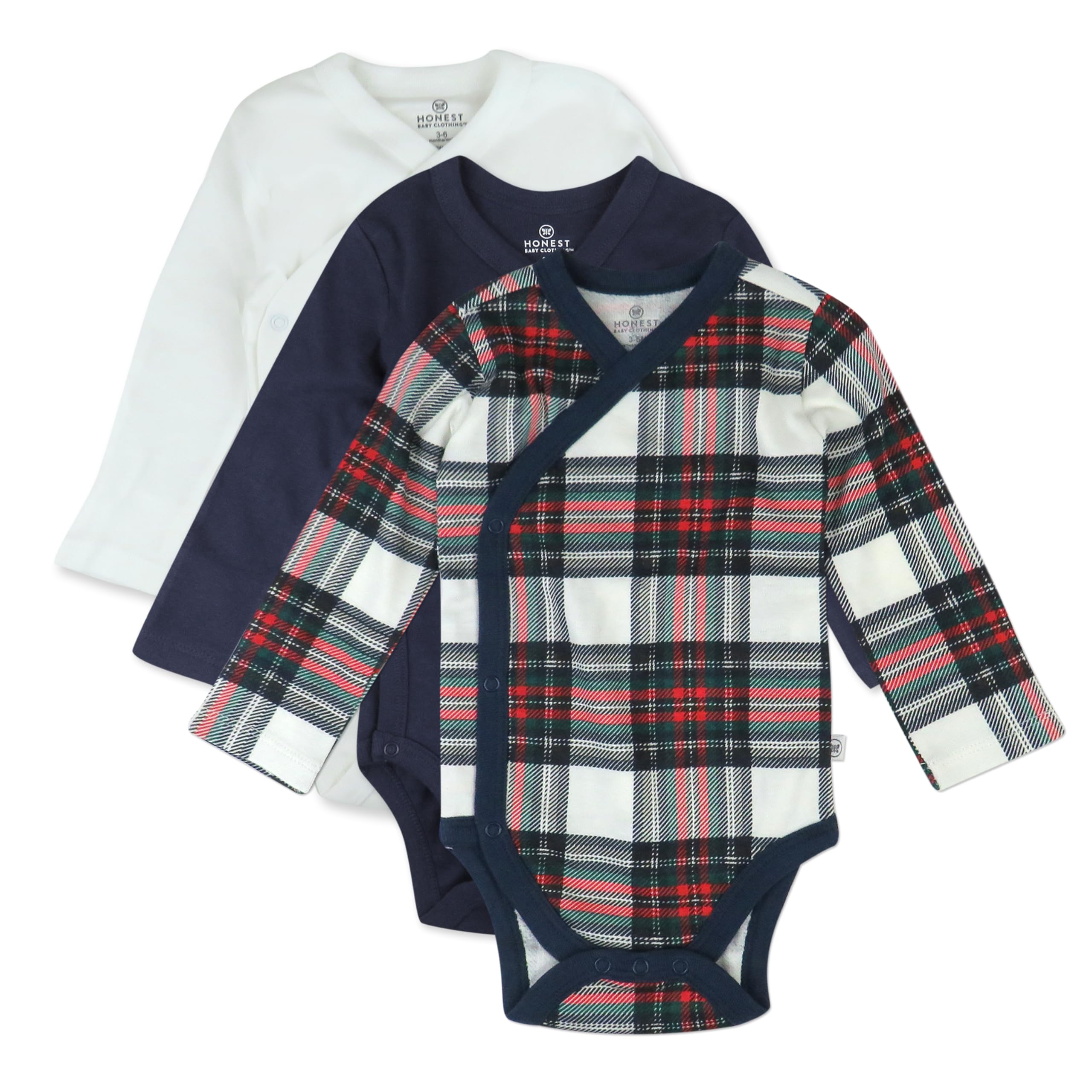 HonestBaby 3-Pack Organic Cotton Long Sleeve Kimono Bodysuits, Red Tartan, 6-9 Months