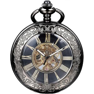 Cortella Mechanical Pocket Watch for Men Women, Half Hunter Engraved Case with Magnifier, Roman Numerals and Chain Pocket Wat