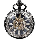 Kchss Mechanical Pocket Watch, for Men Women Special Magnifier Half Hunter Engraved Case Roman Numerals with Chain