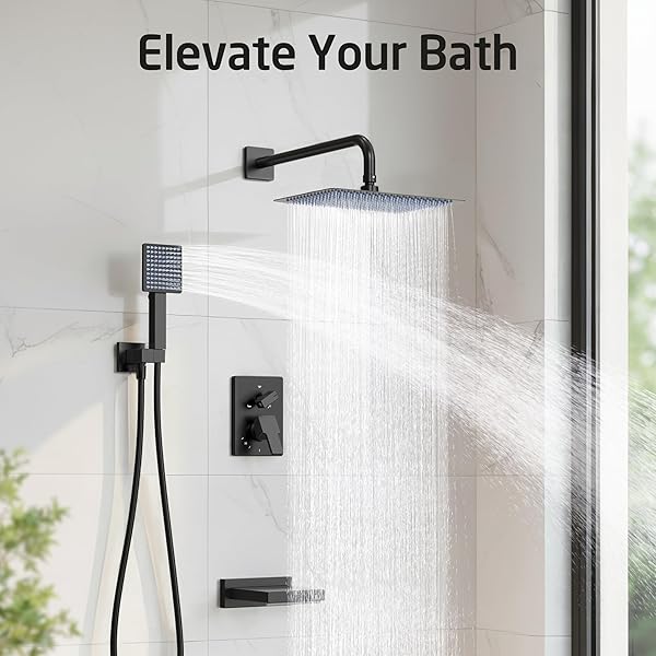 KES BLACK BATHTUB SHOWER FAUCET SET WITH 12″ RECTANGLE RAIN SHOWER HEAD, SHOWER SYSTEM WITH 3-MODES HANDHELD SPRAY AND WATERFALL TUB SPOUT, CUPC ANTI-SCALD VALVE INCLUDED, XB6336S12-BK