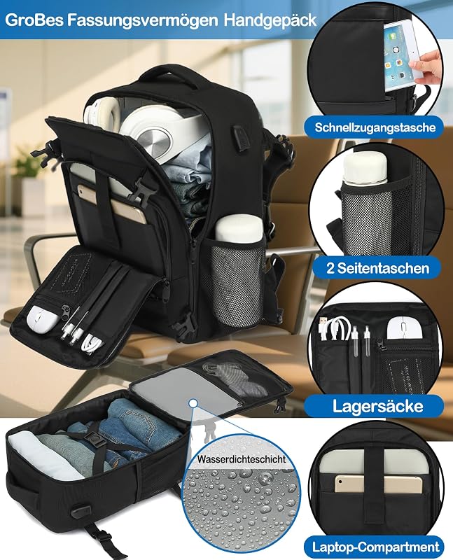 Handgepäck Rucksack 40x30x20 cm Ryanair EasyJet 24L Laptop Travelite Reiserucksack für Flugreisen Schwarz