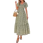 PRETTYGARDEN Boho Dresses for Women 2026 Summer Floral Short Sleeve V Neck Smocked Flowy Beach Vacation Maxi Dress