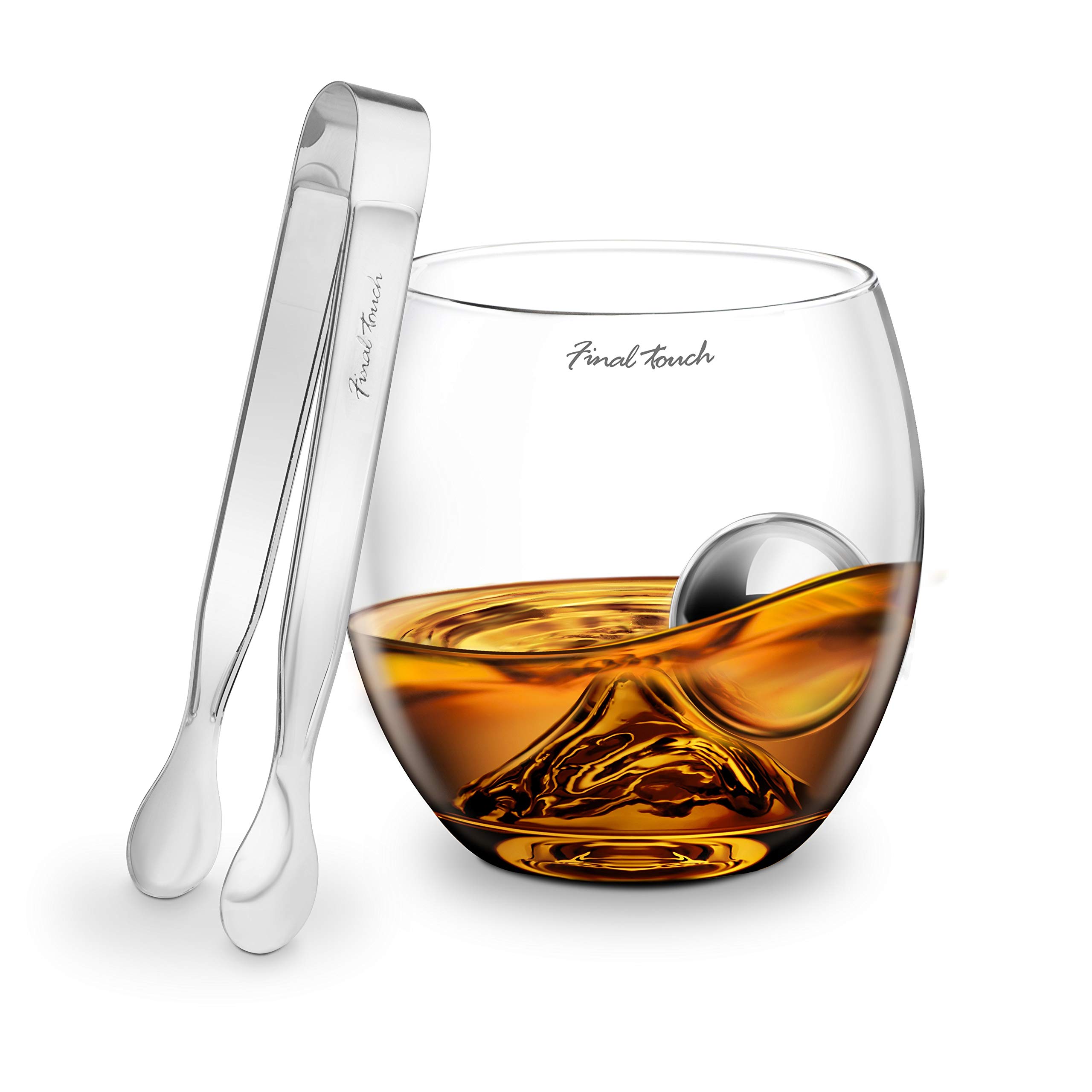 Final Touch Stainless Steel Edition On The Rocks Drinking Tumbler Glass Set -Includes Whiskey Glass, Stainless Steel Ball & Tongs - Gift Boxed