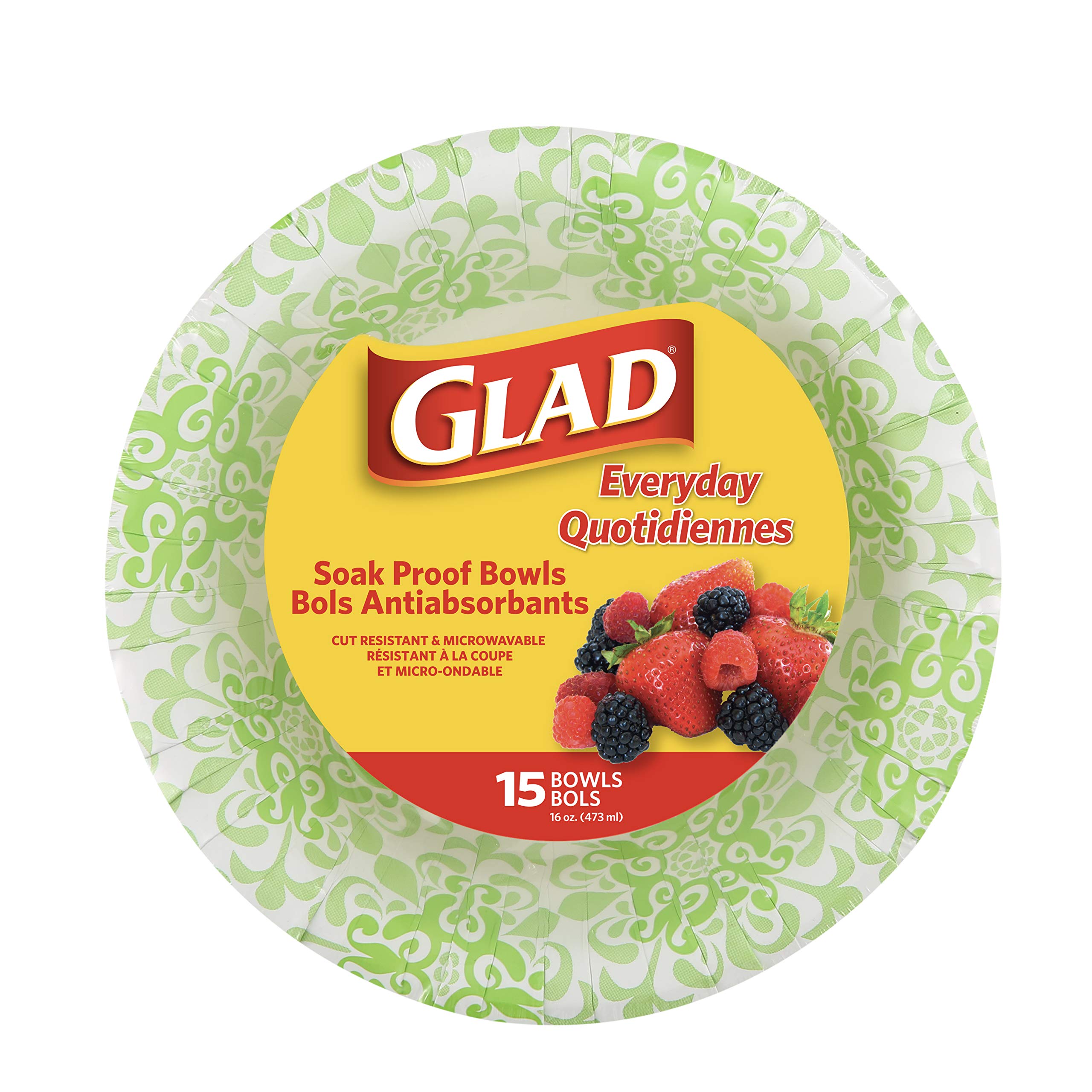 Glad Victorian Paper Bowls, 15 Count, Green and White Design, Microwave Safe, 16 oz, Disposable, Durable, Perfect for Parties and Picnics