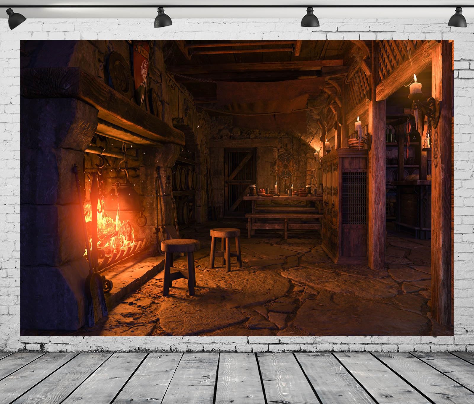 CORFOTO 7x5ft Fabric Medieval Tavern Backdrop for Photography Burning Fireplace and Stool Background Ancient Warm Room Decorations Halloween Medieval Themed Party Photoshoot Booth Studio Props