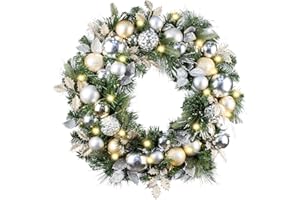 WANNA-CUL Pre-Lit 30 Inch Large Christmas Wreath for Front Door with 50 Led Lights,Champagne Gold Lighted Christmas Door Wreath Decor with Ball Ornaments, Battery Operated