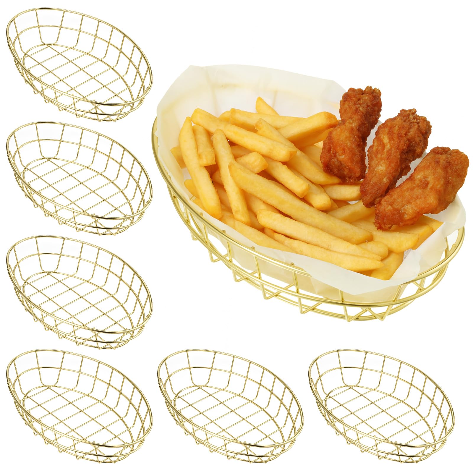 Photo 1 of 6Pcs Metal Fast Food Baskets Gold Baskets Wire Bread for Serving Food, Reusable Metal Dinner Roll Basket 9.5 X 6.2 X 2.2 Inch Fruit Vegetables Basket Bowl Storage for Kitchen Restaurant Burger Fruit