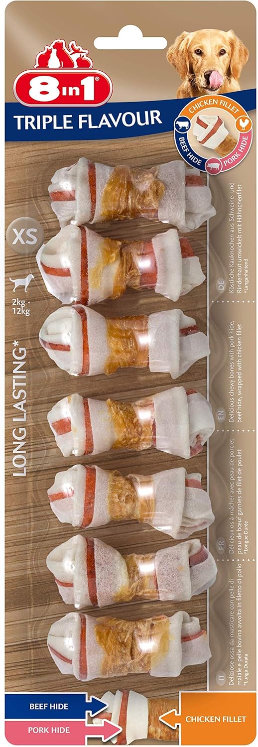 8in1 Triple Flavour Bones XS - chewy dog bones with chicken fillet, pork hide and beef hide, 7 pcs, Multicolored, 98 g (Pack of 1)