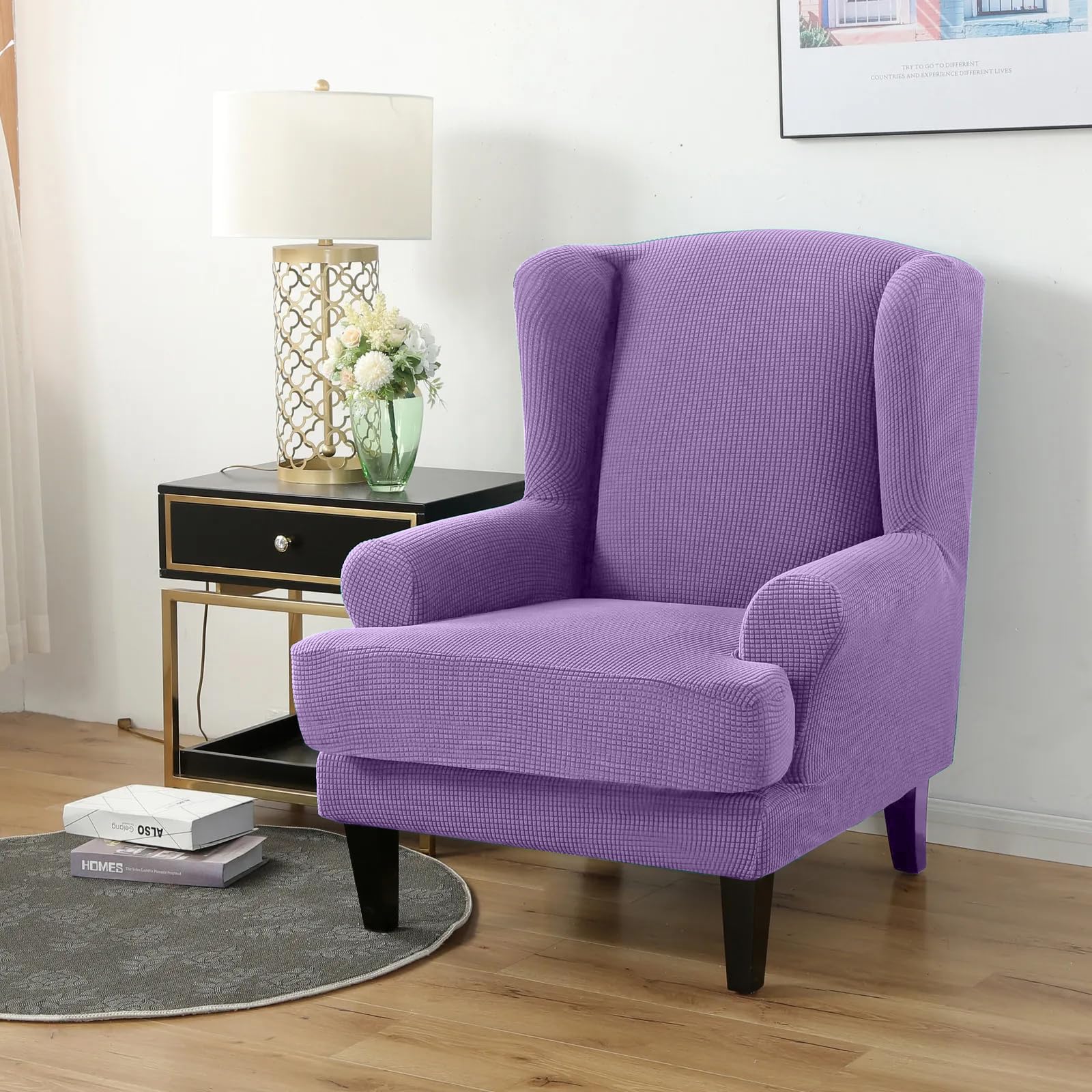 PETCUTE Wing Chair Slipcovers Armchair Covers with Ears Stretch Wing Chair Covers Jacquard Furniture Protector Light purple