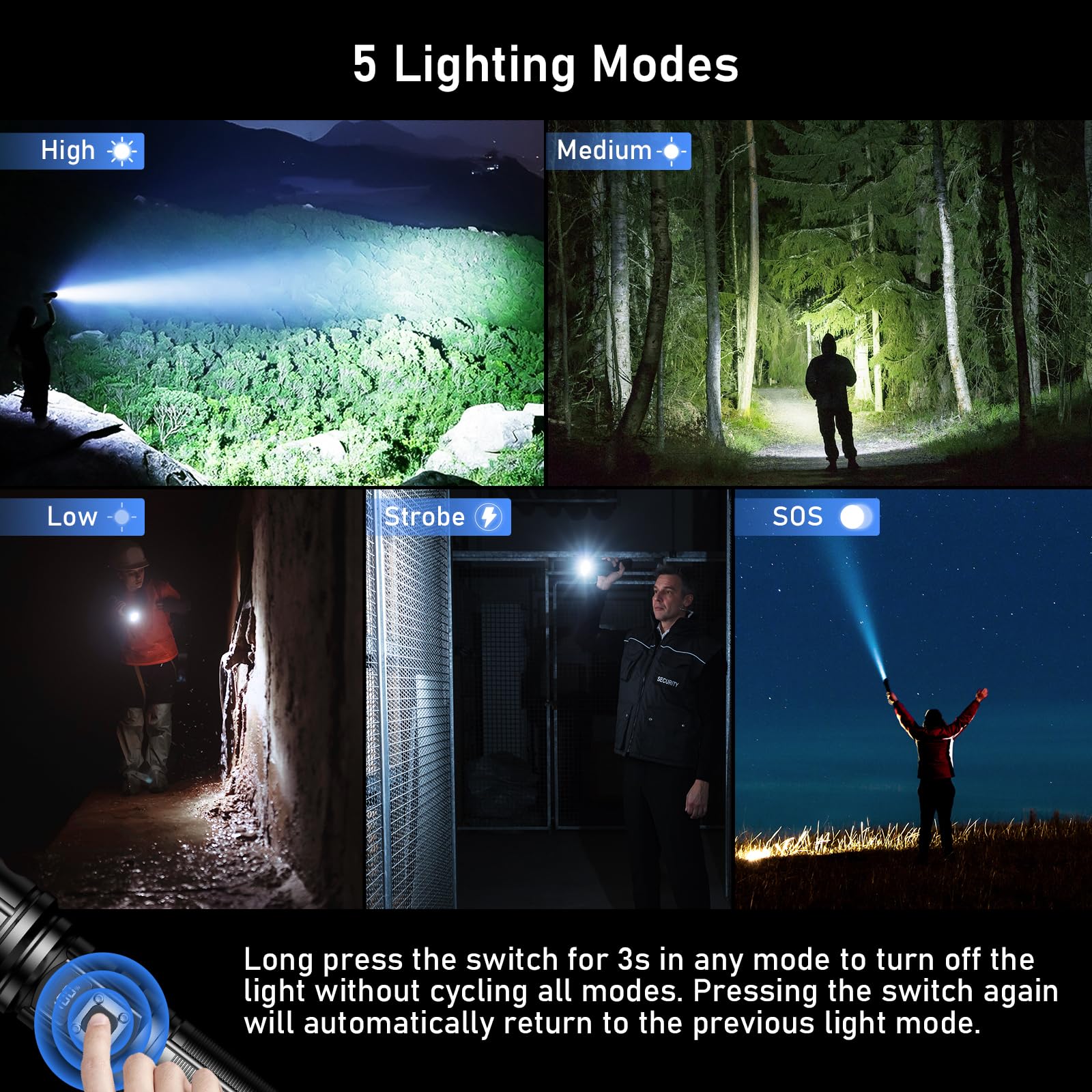 Blukar Taschenlampe LED Aufladbar, Extrem Hell Hohe Helligkeit Taschenlampen Zoombare Handlampe mit 5 Lichtmodi, IP67 Wasserdicht Flashlight Torch für Camping, Outdoor, Notfäll 4