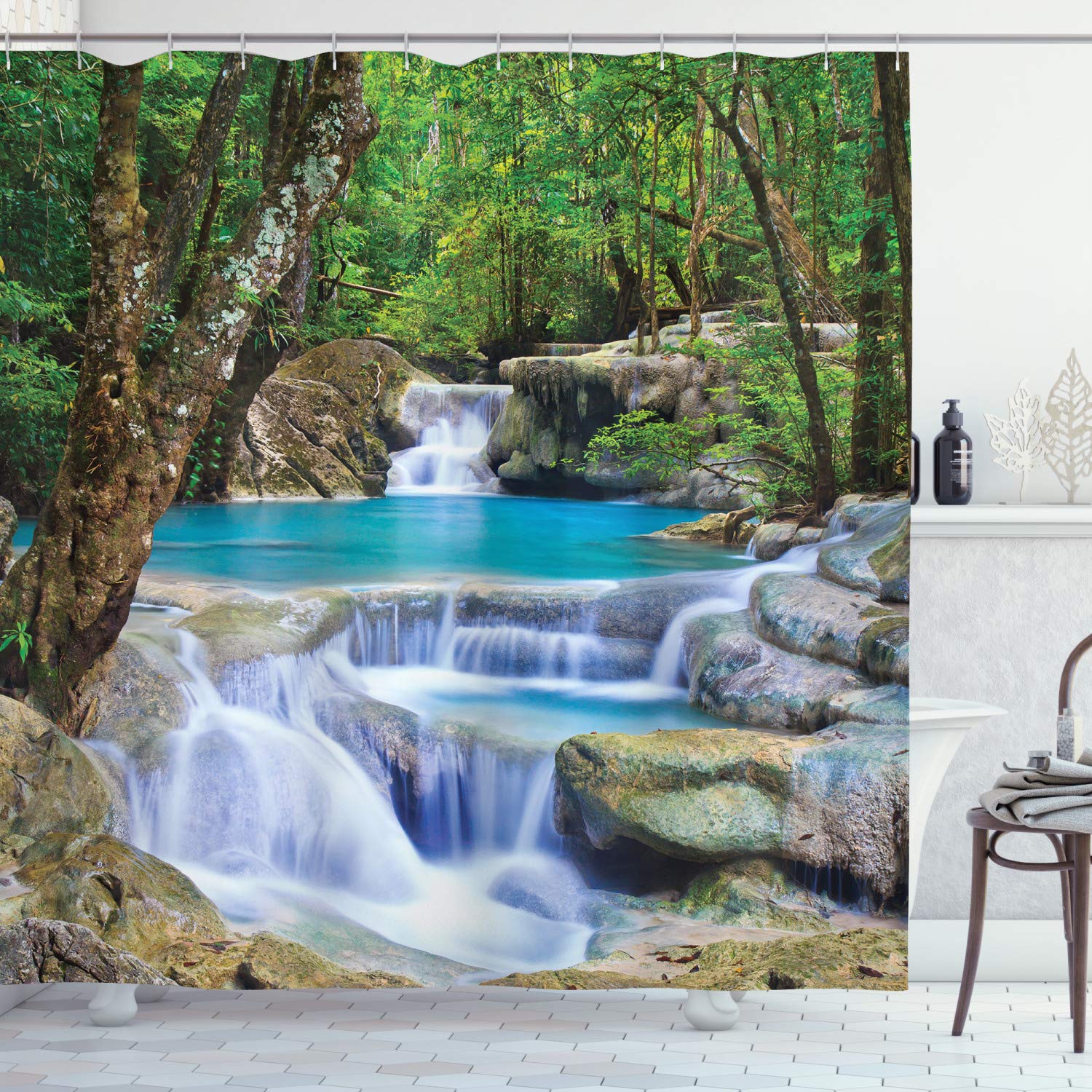 ABAKUHAUS Waterfall Shower Curtain, Fairy Image of Waterfall by the Rocks in Forest Secret Paradise, Cloth Fabric Bathroom Decor Set with Hooks, 175 x 220 cm, Brown Green Blue — image 1