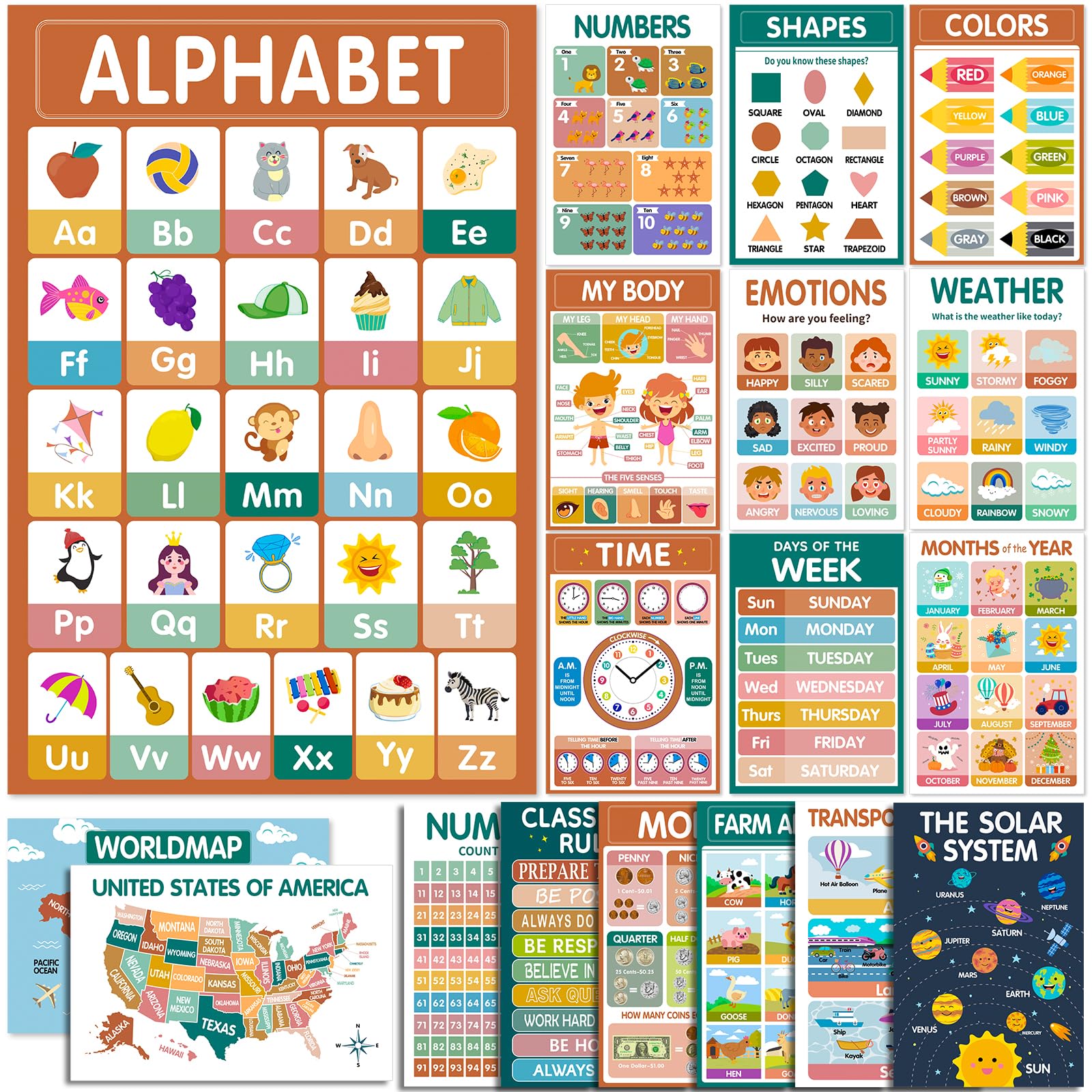 Photo 1 of KIDS KING 18 Boho Laminated Educational Posters for Preschoolers - Pre-K and Kindergarten Learning Poster Charts for Toddlers 1-3-5 Years Old - Homeschool and Classroom Decor for Kids' Walls