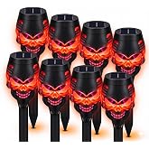 TREUHMM 8 Pack Solar Halloween Lights Outdoor, Flickering Flame Skull Torches, Waterproof Purple Solar Lights for Yard, Spooky Skull Pathway Lights for Halloween Outdoor Decorations (Yellow)