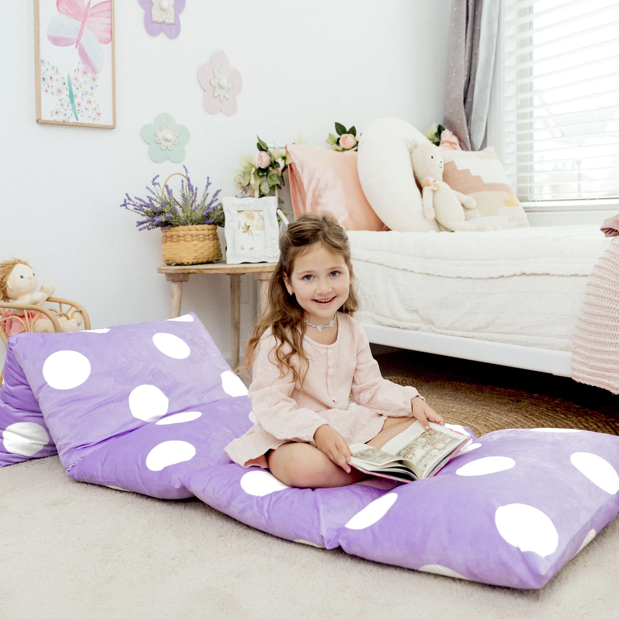 Photo 1 of Butterfly Craze Floor Pillow Case, Mattress Bed Lounger Cover, Polka Purple, Queen Size - Cozy Seating Solution for Kids & Adults, Recliner Cushion, for Reading, TV Time (Pillow Not Included)