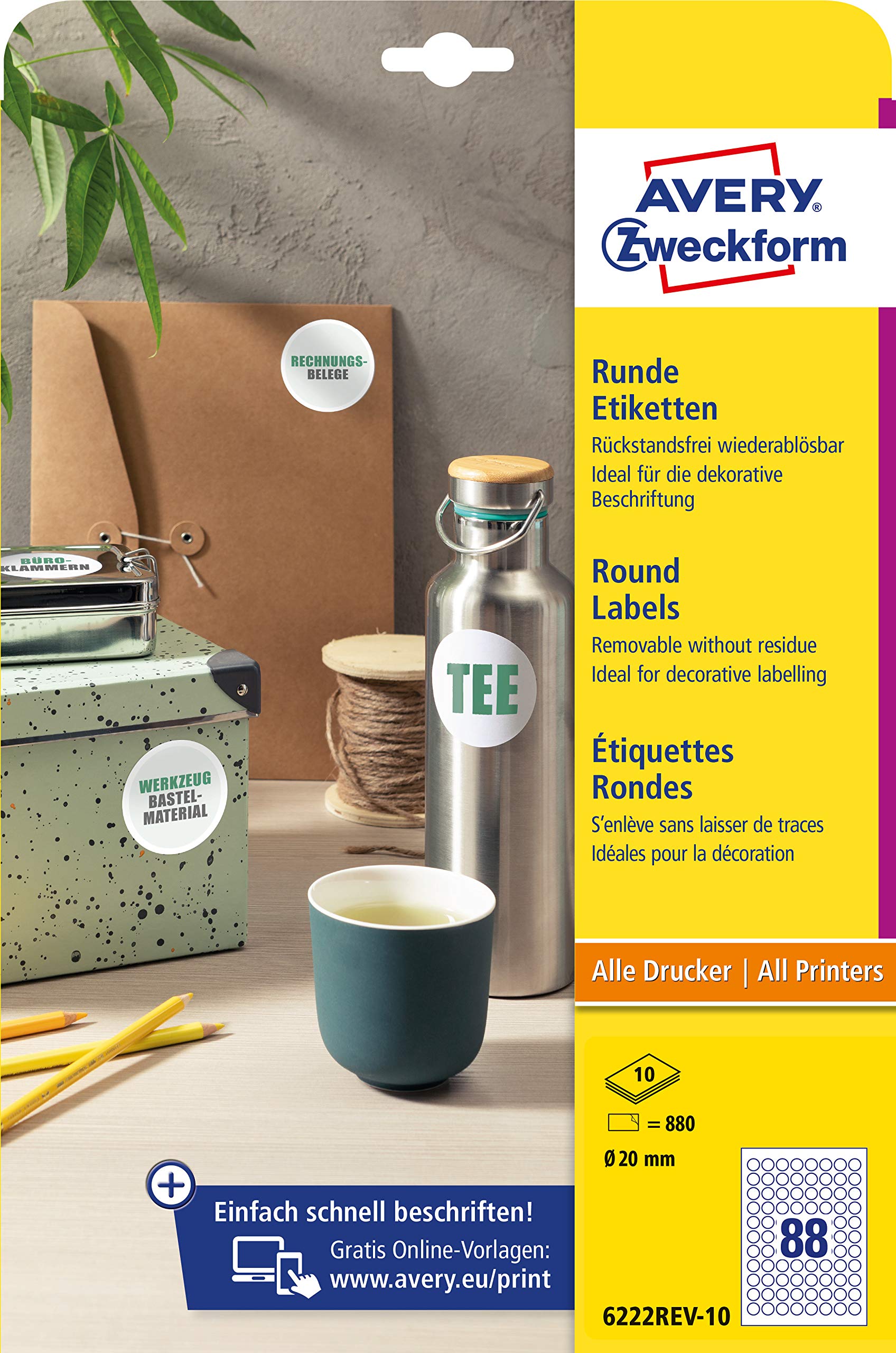 AVERY Zweckform 6222REV-10 Round Labels (880 Adhesive Dots, Diameter 20 mm on A4, Round Stickers for Printing, Removable Without Residue/Removable, Self-Adhesive Jam Labels), 10 Sheets, White