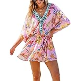 CUPSHE Women's Mini Dress V Neck Floral Half Dolman Sleeve Belted Loose Fit Short Summer Beach Dress
