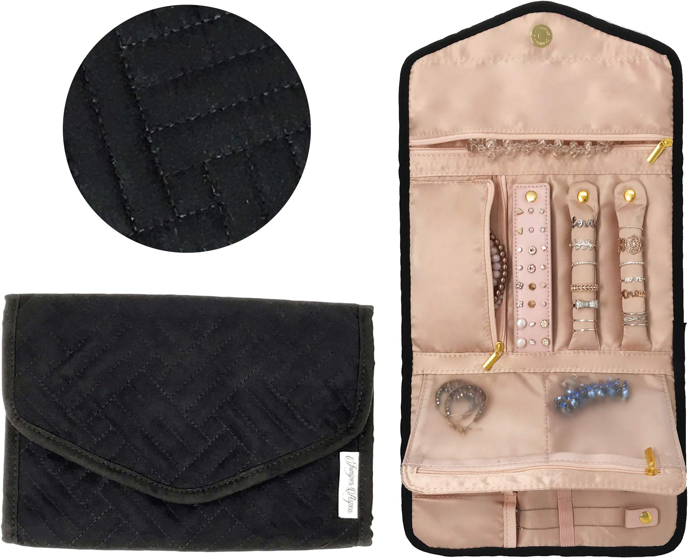 Juniper Aspen Travel Jewelry Organizer Case: Jewelry Travel Organizer Roll Black, Necklace, Ring, Bracelet, and Earring Portable Small Storage Pouch for Traveling
