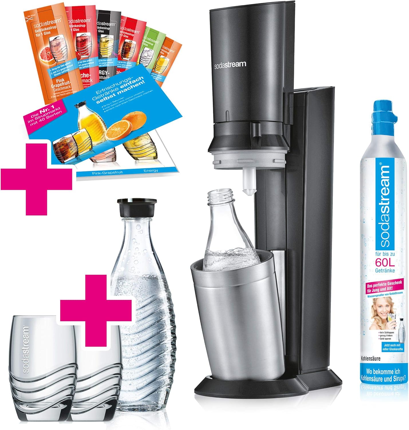 SodaStream Crystal 2.0 Wassersprudler-Set Promopack mit CO2-Zylinder, 2x Glaskaraffen, 2x Trinkgläsern, titan