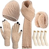Geyoga 6 Pcs Winter Knit Set Beanie Hat Long Scarf Touchscreen Gloves Ear Muff Socks Warm Valentine Gift for Women Men Snow(Beige,Classic Style)