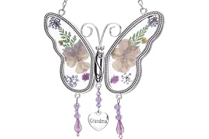 Laraine Butterfly Suncatcher with Pressed Colourful Flower Wings Mom Mother's Day Butterfly Glass Wind Chime Ornament Charm with Metal Heart Gifts for Mom Grandma Birthday (Yellow Grandma)