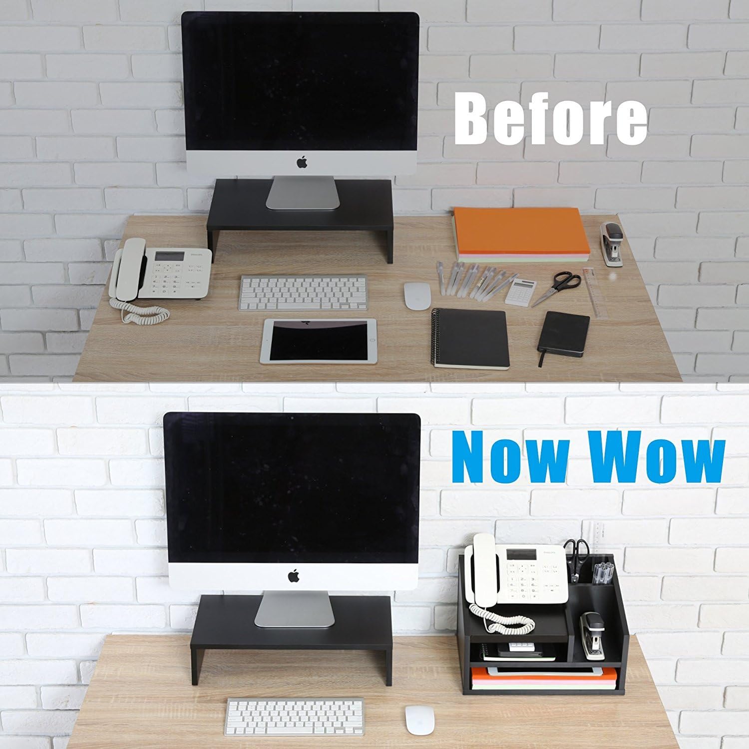 FITUEYES Wood Office Suppies Desk Organizer 5 Compartments with Letter Tray Phone Stand Pen Pencil Holder : Office Products