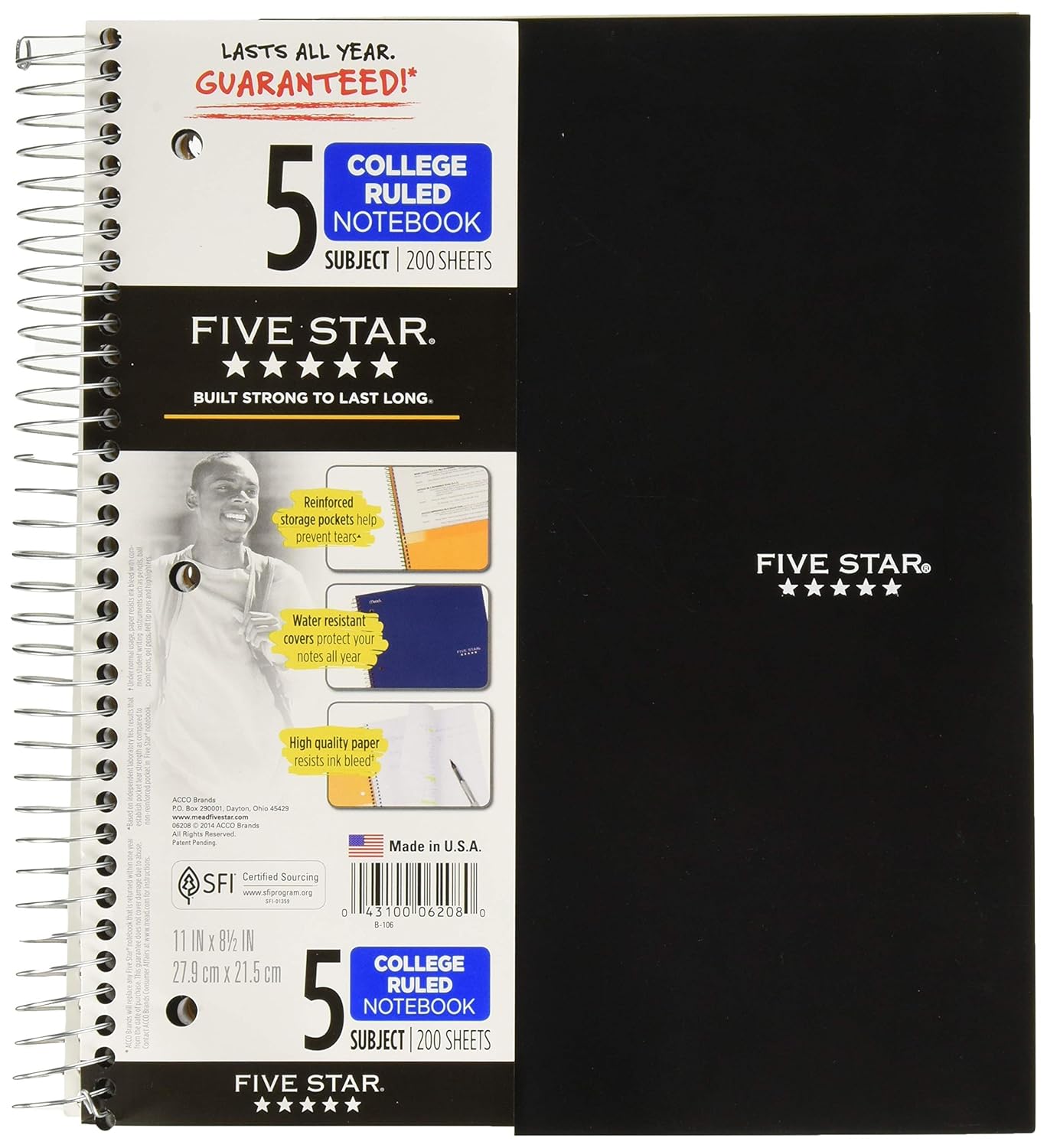 Five Star Spiral Notebook, 5 Subject, College Ruled Paper, 200 Sheets, 11" x 81/2", Color