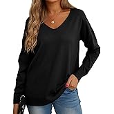 GRECERELLE Women's V-Neck Long Sleeve Side Split Loose Casual Knit Pullover Sweater Blouse