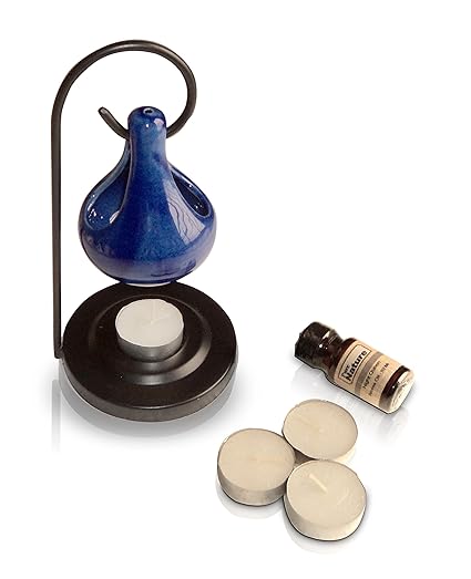 Pure Source India Micro 100 Tools Hanging Ceramic Set with 10ml Lavender Aroma Oil and 4 Tea Lights (Blue)