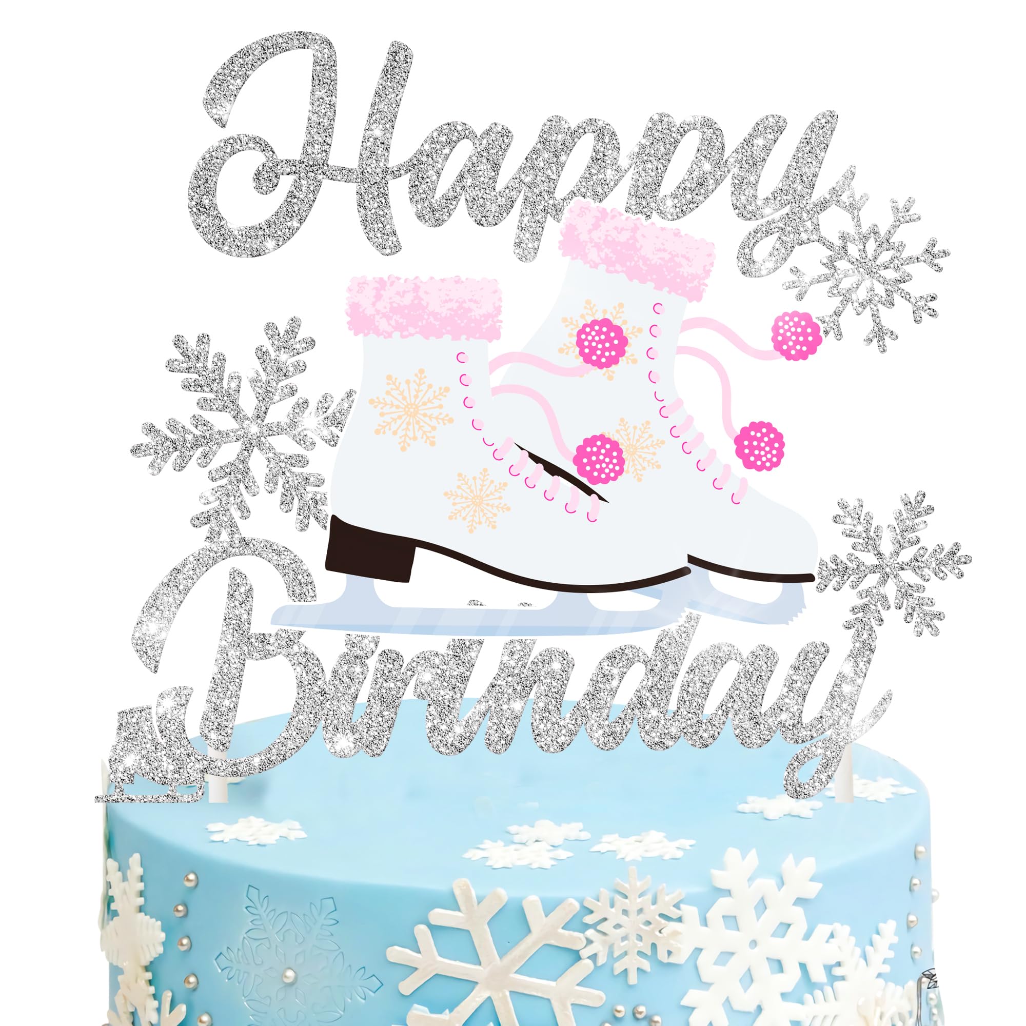 View 1 of Ice Skating Birthday Cake Topper Silver Glitter Snowflake Roller Skates Cake Decorations Ice Skating Party Favors for Kids Winter Ice Skating Theme Birthday Party Winter Birthday Decor