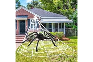MENETOP 3in1 Halloween Decorations 5ft Giant Spiders 200" White Spider Web Haunted House Outdoor Wall Decor for Halloween Props (Giant Triangular Spider Web+Black Fake Spider+Stretchable Cobwebs)