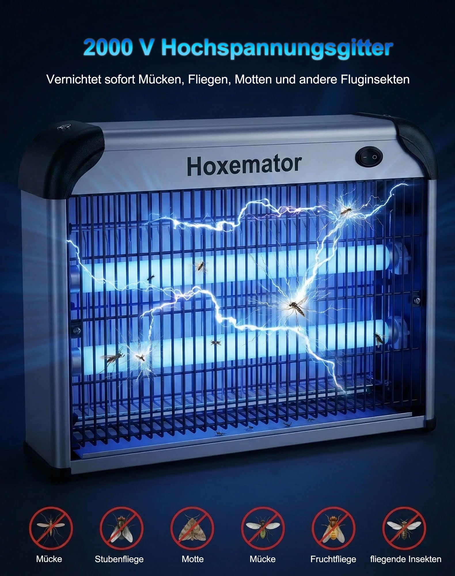Hoxemator Elektrischer Insektenvernichter 20W Mückenlampe mit Dual 365nm UV Licht & 2000V Hochspannungs-Gitter, Fliegenfalle Elektrisch Chemiefrei, Hängend oder Tischgerät für Haus, Küche, Garage 2