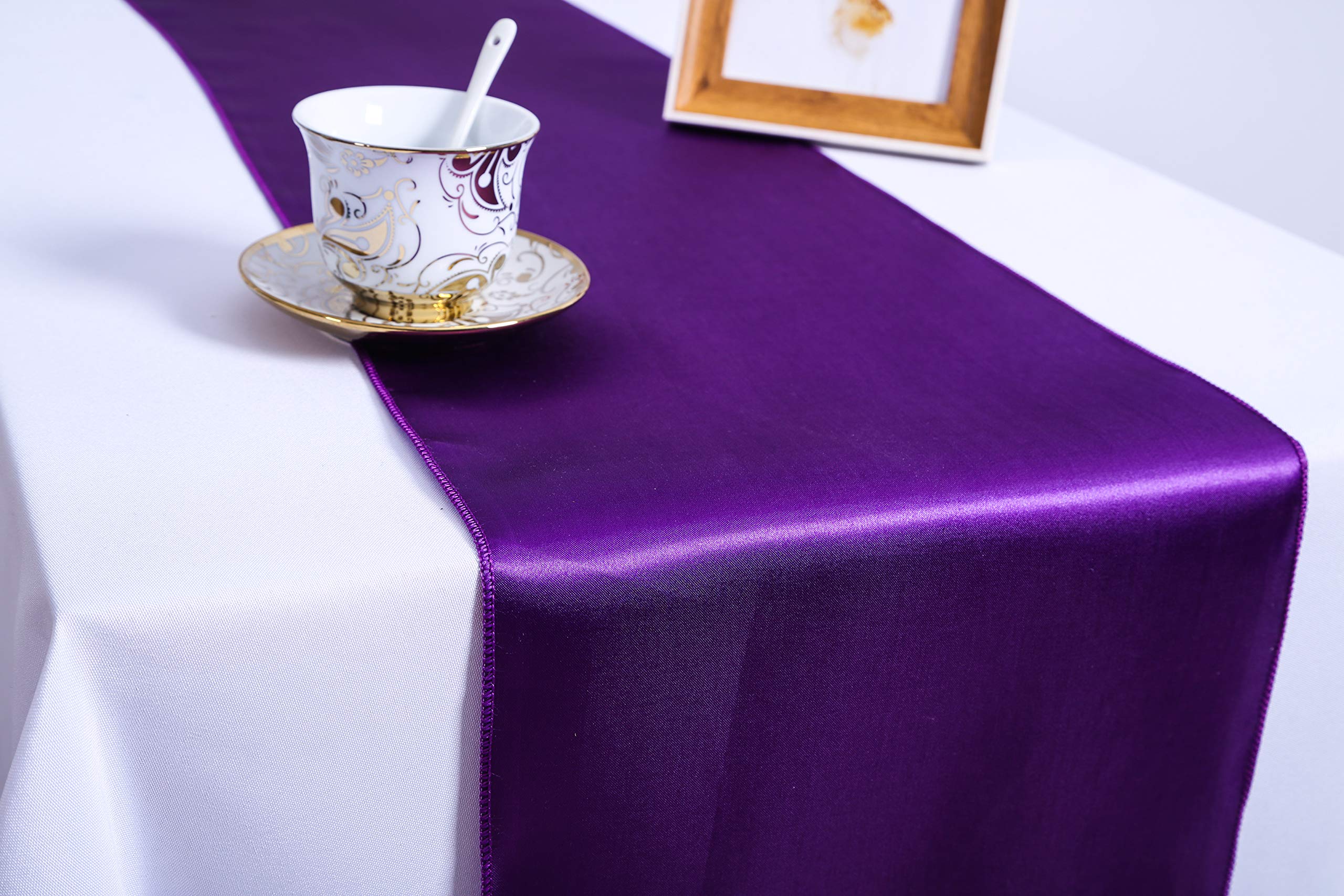 Namvo Pack of 10 Satin Table Runners, banquet tablecloths,12 x 108 inch for Wedding, Reception,Birthday and Any Party (Purple)