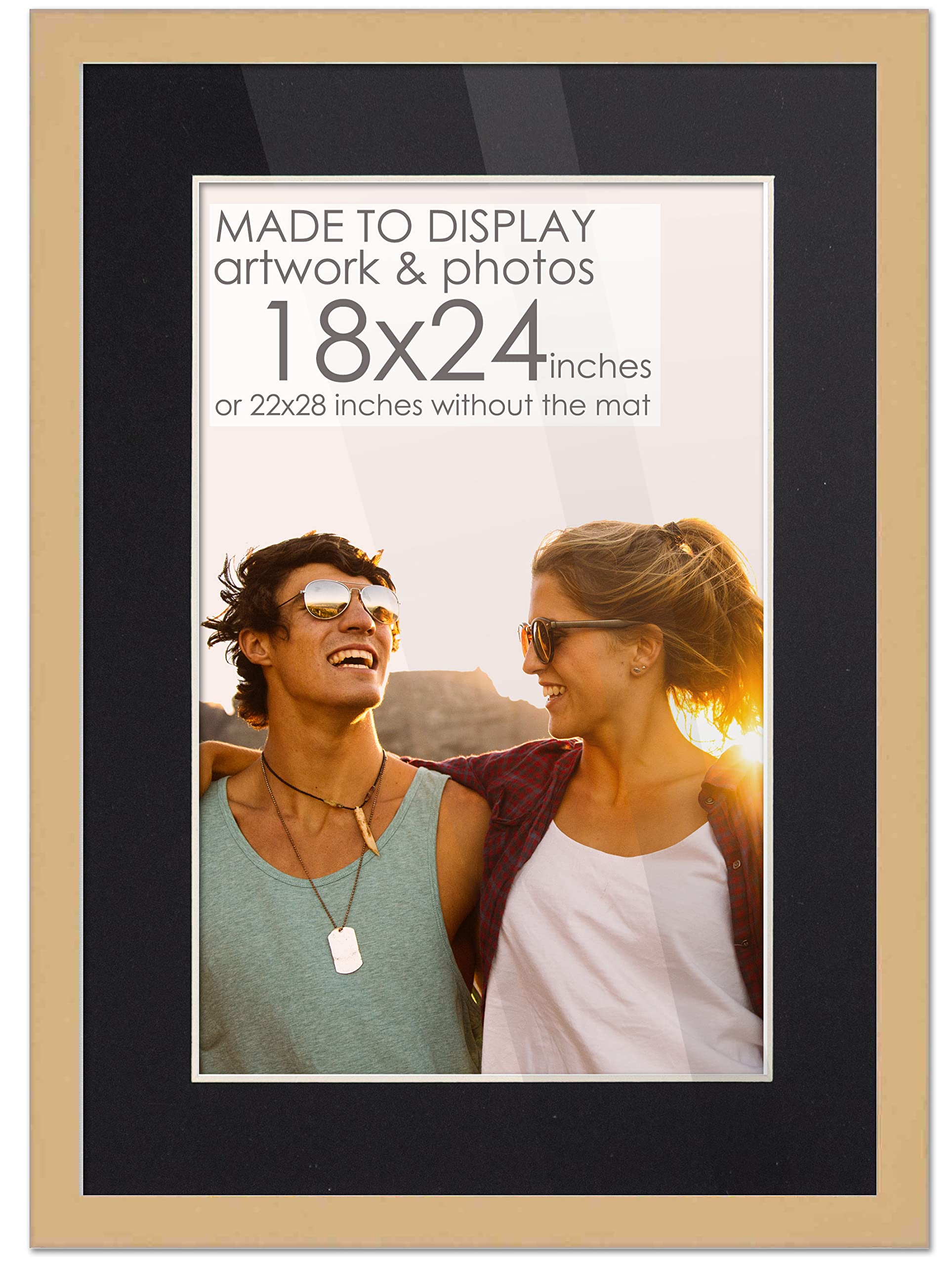 Photo 1 of 18x24 Frame Natural Wood with Black Mat | 22x28 Frame Matted to 18x24 | Display Your Picture Under UV Acrylic Shatter Guard Front, with Foam Board Backing and Wall Hanging Hardware - Solid Pine Frame
