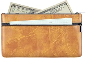 HAUTOCO Money Bag with Zipper 11 x 6.1 inch Embossed Deposit Money Pouch with Lined PU Leather Bank Bag Two Pockets Utility Wallet for Cash Check Receipt Coins Cosmetics, Brown