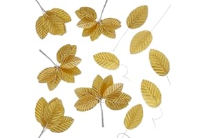 Rowbaty 200PCS Gold Artificial Leaves with Wire Stems, Silk Fabric Faux Greenery Leaf Picks for DIY Crafts, Wreath Making, Ga