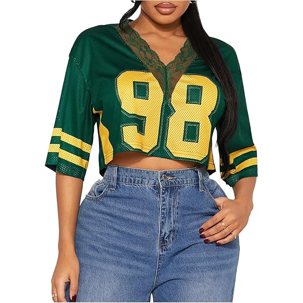 SOLY HUX Women's Number Graphic Tees Lace V Neck Half Sleeve Crop