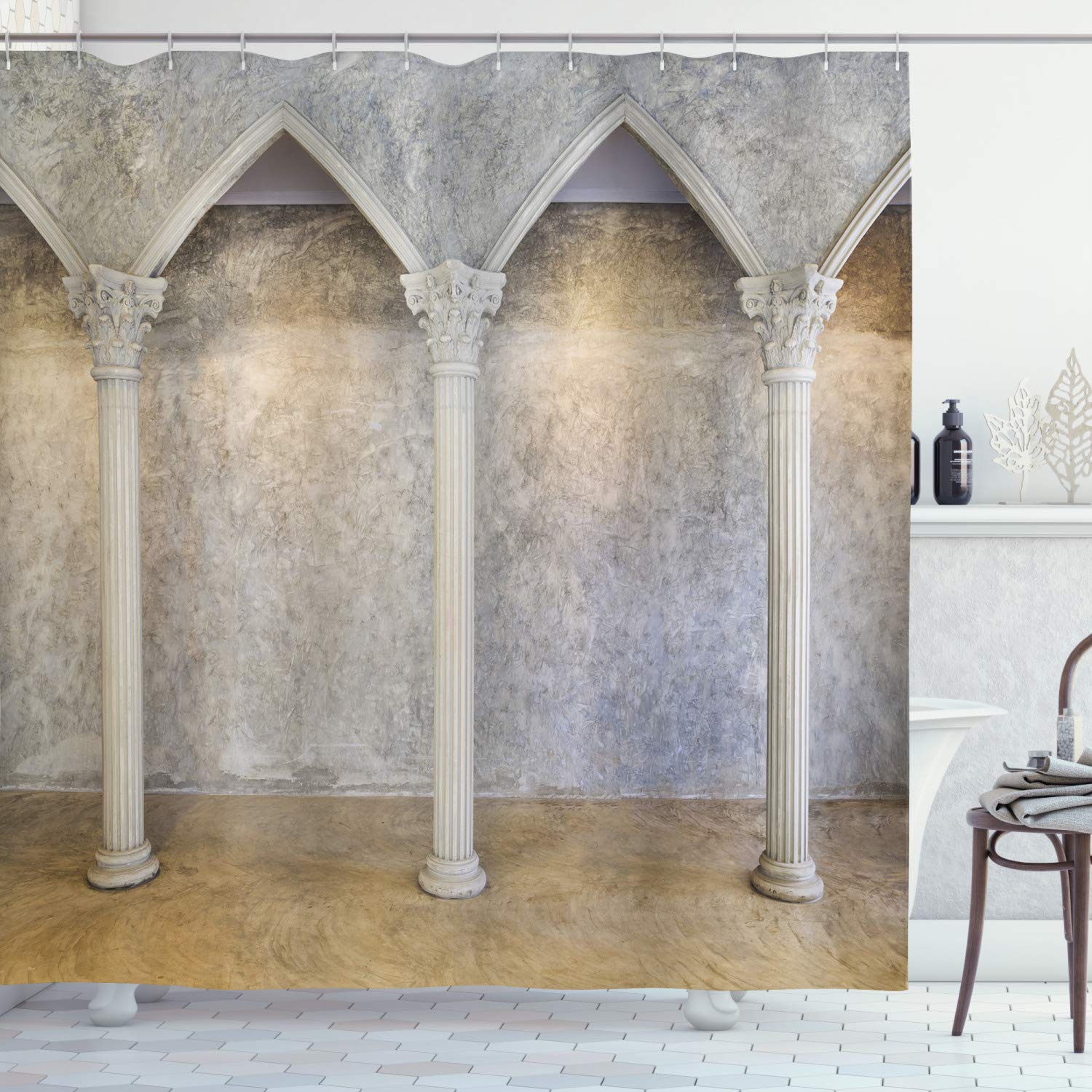 ABAKUHAUS Pillar Shower Curtain, Antique Theme Classic Interior with Columns Digital Image Print, Cloth Fabric Bathroom Decor Set with Hooks, 70" Inches, Coconut Sand Brown