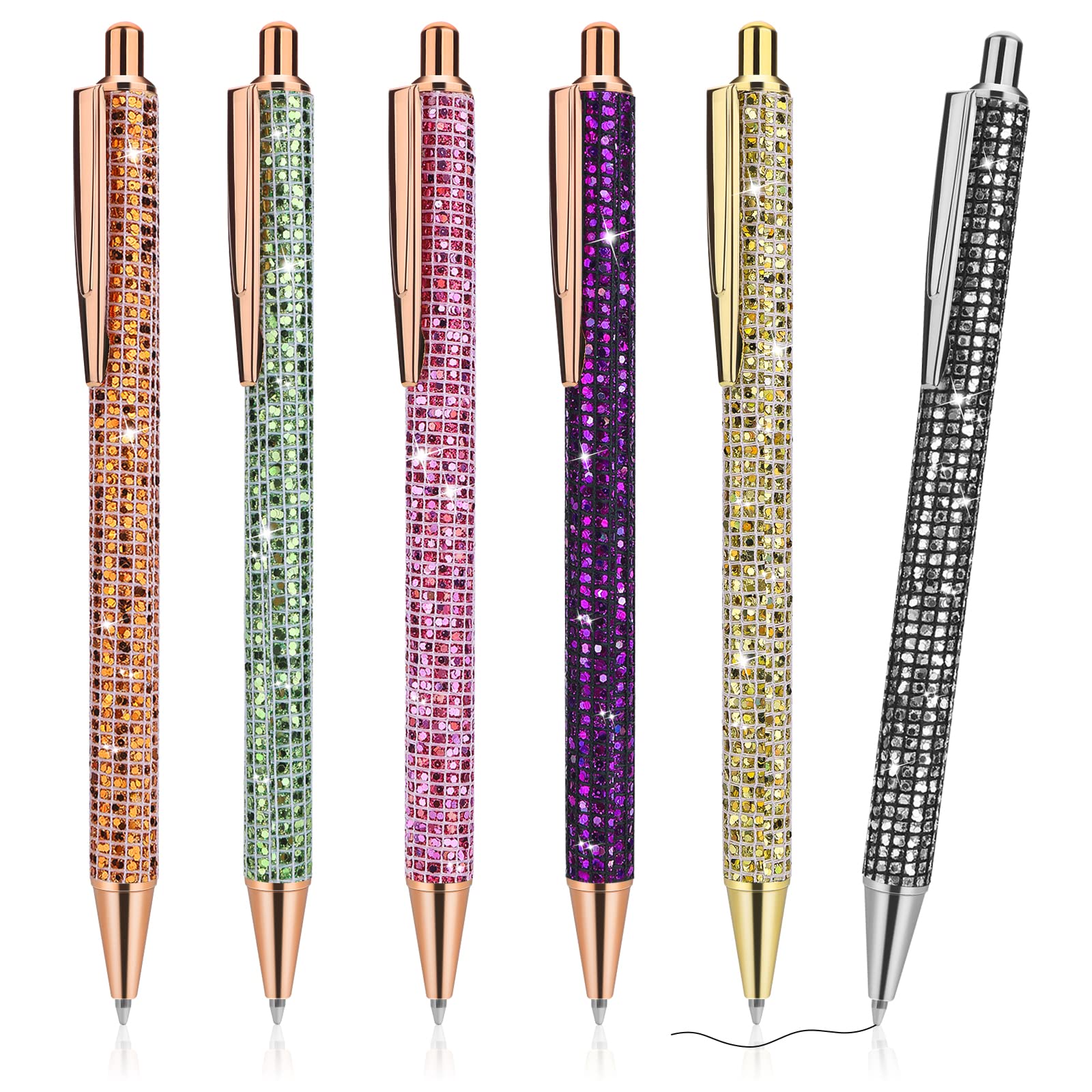 Molain 6 Pcs Bling Sparkly Metal Pens, Retractable Ballpoint Pens Cute Glitter 1.0mm Black Ink Fine Point Gift Writing Journaling Students Teachers Drawing Gift(Plaid Style)