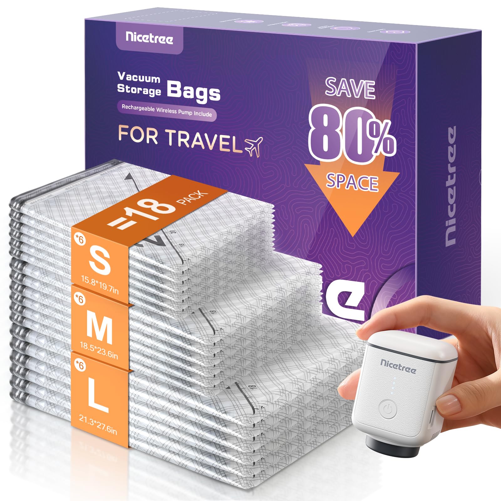 Photo 1 of Nicetree 18-Pack Vacuum Seal Bags with Rechargeable Wireless Pump | 3 Sizes (20/24/28 Inch) Travel Vacuum Storage Bags for Clothing, Bedding & Seasonal Storage | Space Saver for Luggage