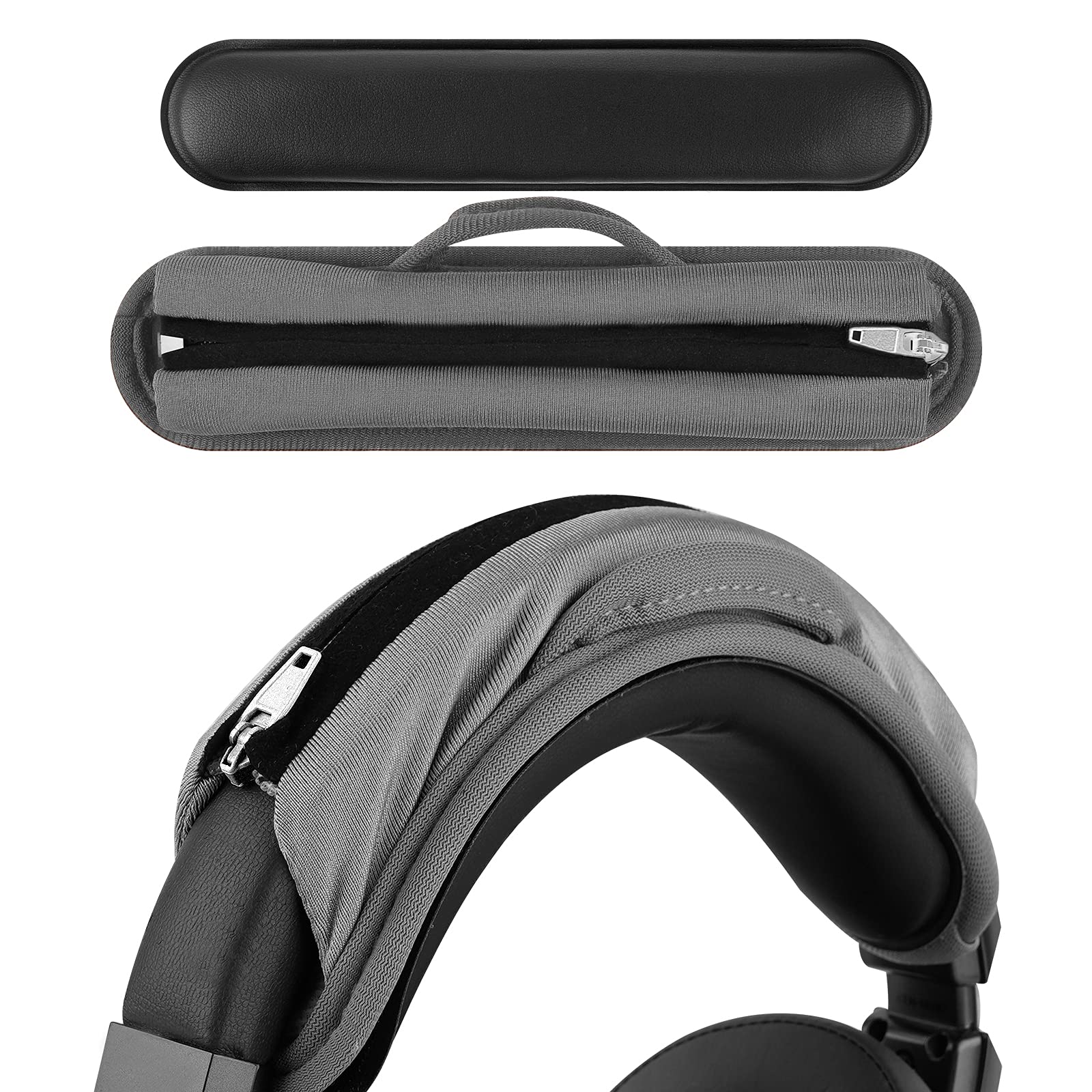 Geekria Medium Hook and Loop Headband Cover + Pad Set/Headband Protector with Zipper/DIY Installation No Tool Needed, Compatible with ATH Bose Beats JBL Hyperx Sony Headphones (Grey) — image 1