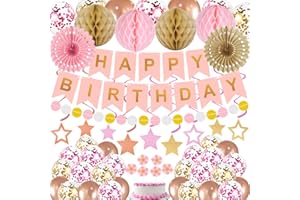 JENFALL Birthday Decorations Pink Happy Birthday Banner Confetti Balloons Honeycomb Ball Circle Dots Garland Hanging Swirls Rose Gold Birthday Party Decor for Girls Women Princess